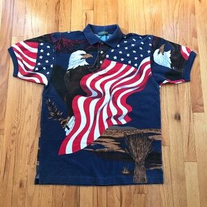 Linksport Patriotic Polo Shirt with Eagle and Flag Design Vintage Medium